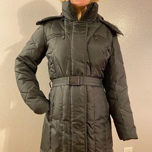 Andrew Marc Faux Fur Hooded Belted Puffer